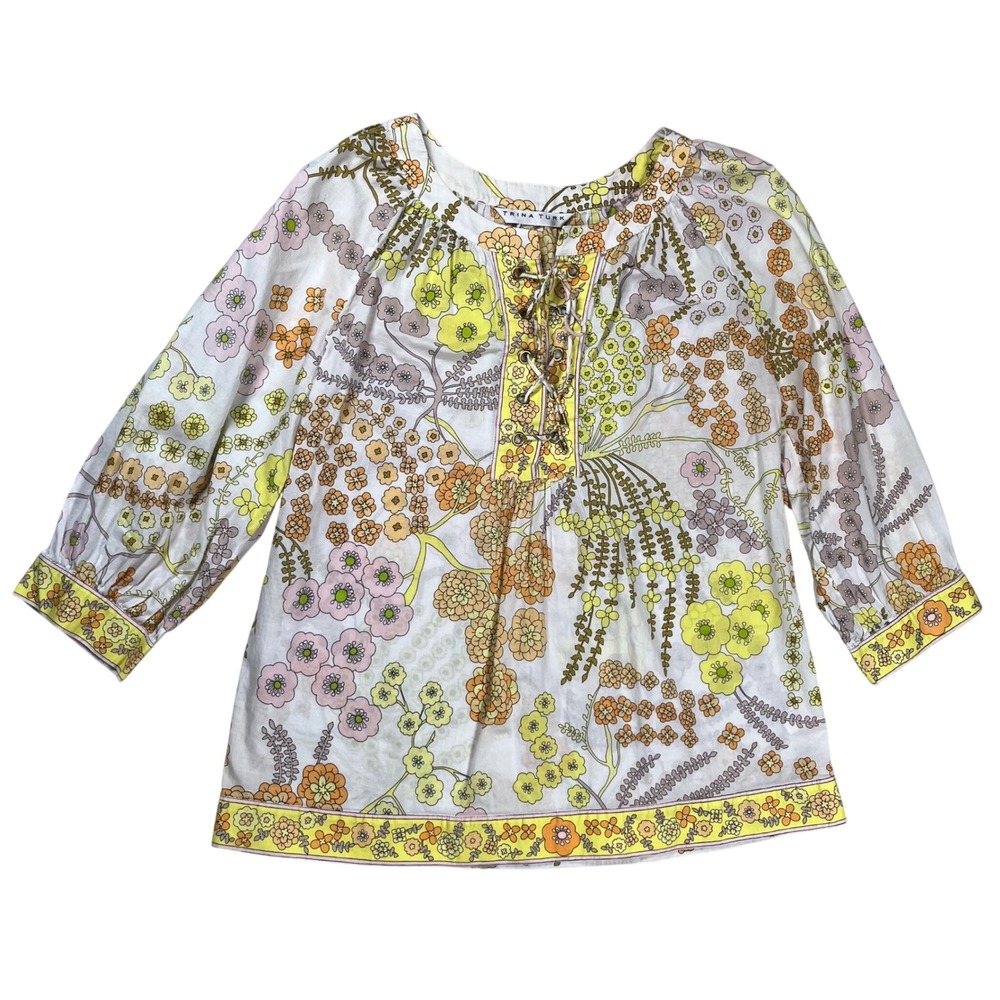 Trina Turk Floral Lace Up Tunic Womens Medium Yellow Retro Boho Cottage Casual